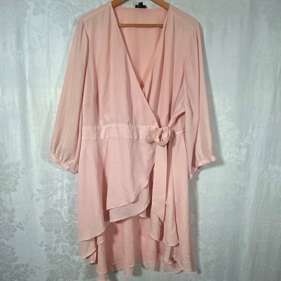 torrid Dresses & Skirts - Torrid Wrap Top 3 3X Pink Sheer Ruffle Tunic Mini Dress Long Sleeve Peasant
